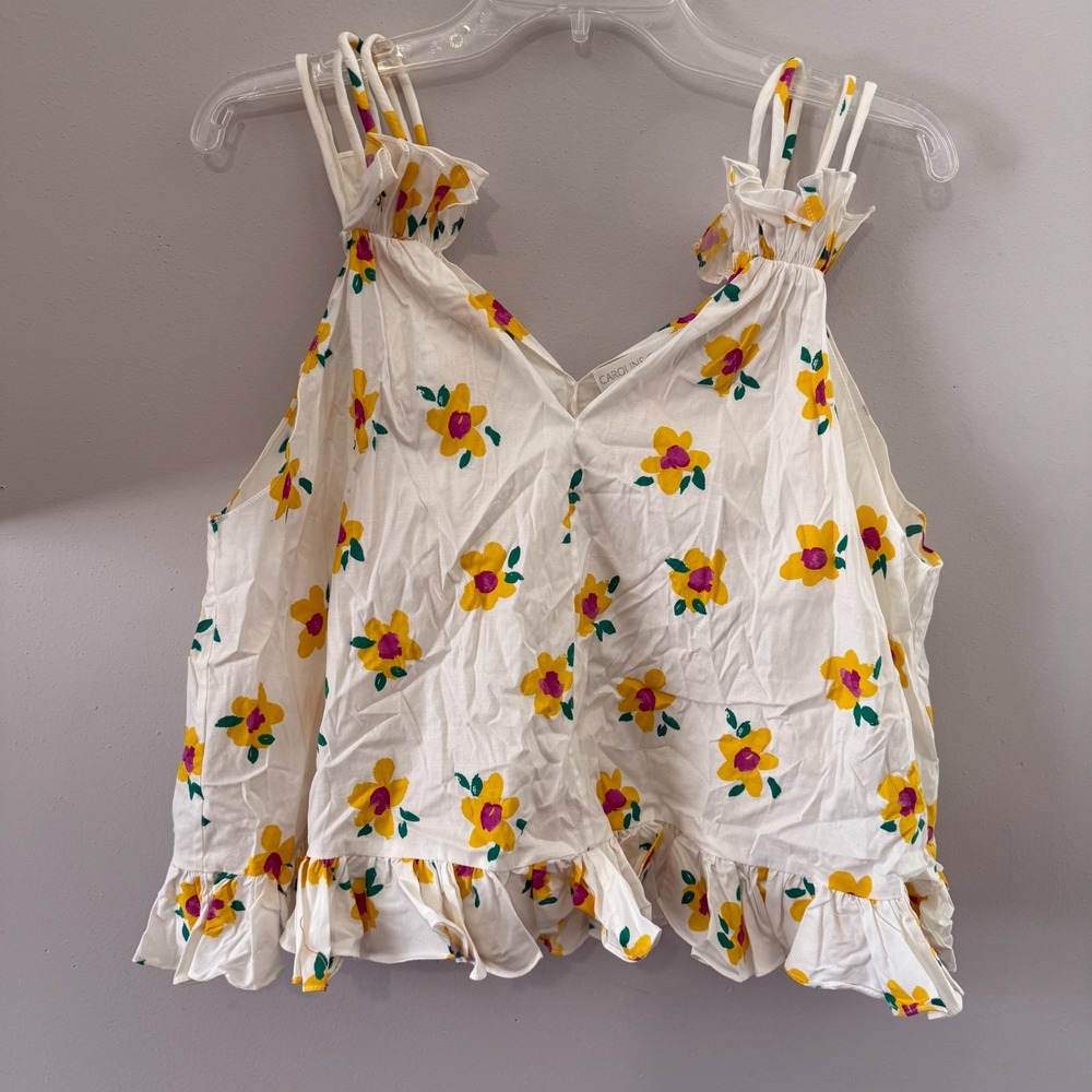 Caroline Constas Tank Top Women's Medium Ivory Floral Cotton Sleeveless Blouse